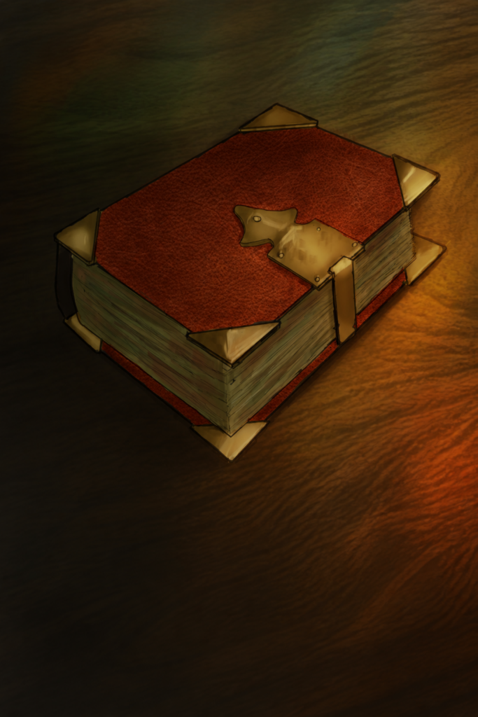 Libro fantasy rosso con finiture in ottone