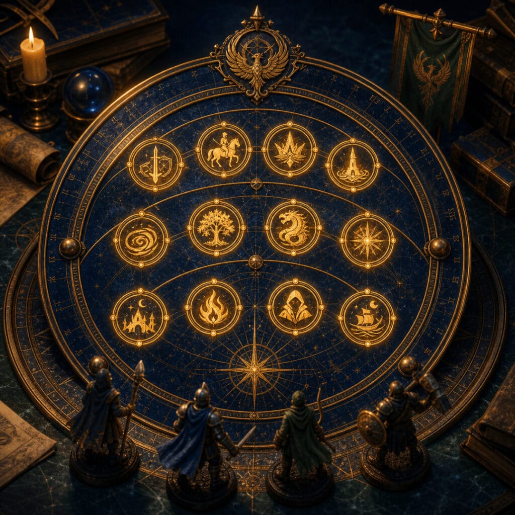 Abbonamento Arcana Realms con quattro avventure al mese per tre mesi, rappresentate su un astrolabio fantasy