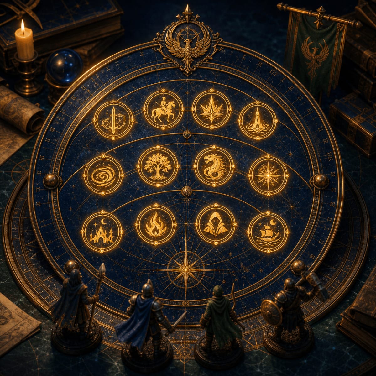 Abbonamento Arcana Realms - 3 mesi Abbonamento Arcana Realms con quattro avventure al mese per tre mesi, rappresentate su un astrolabio fantasy