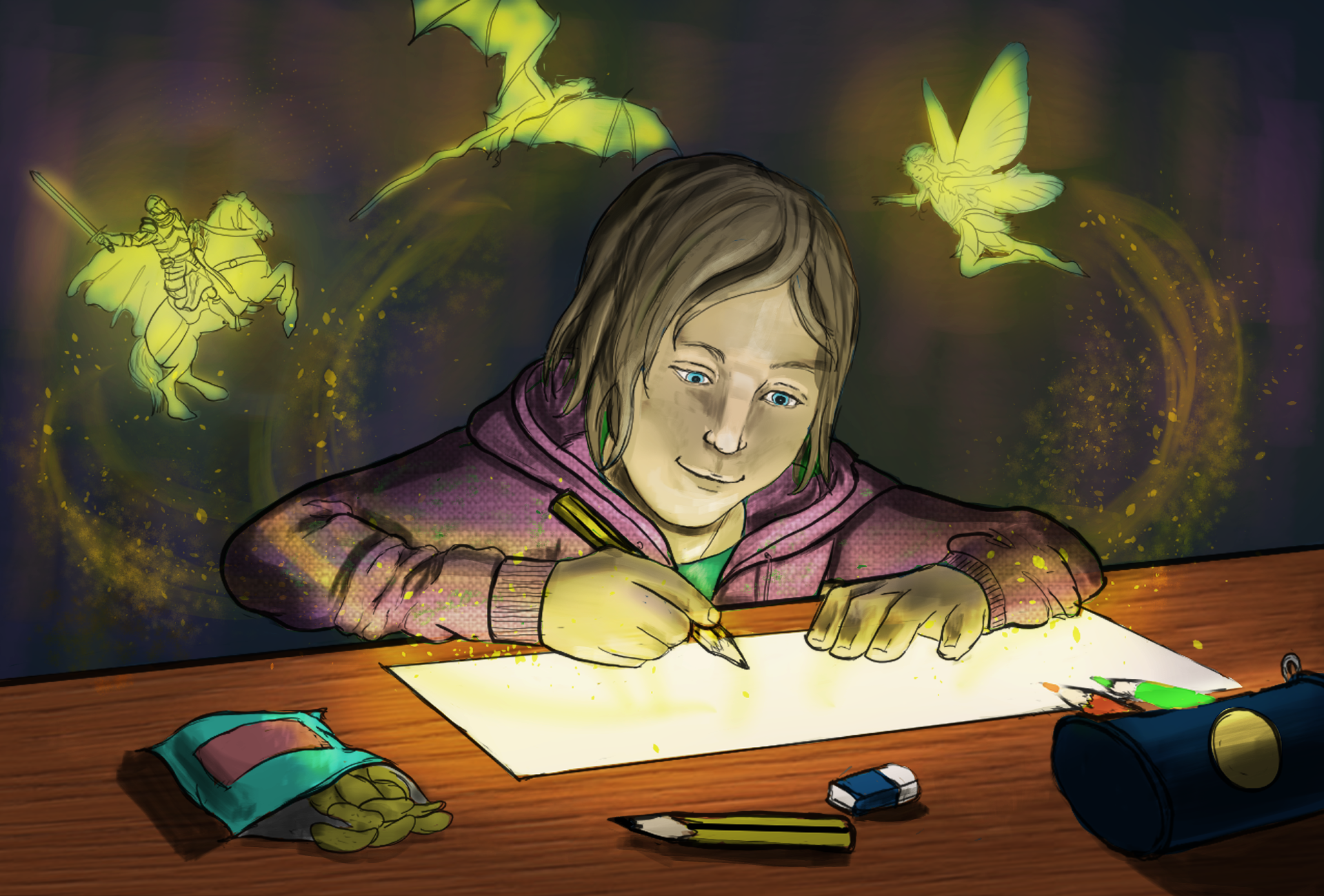 Giovane illustratrice disegna personaggi fantasy circondata da creature luminose