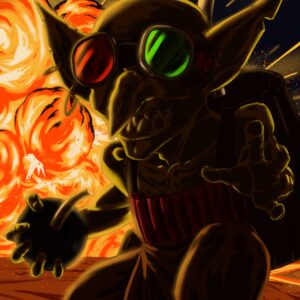 Un goblin artificiere circondato da esplosioni