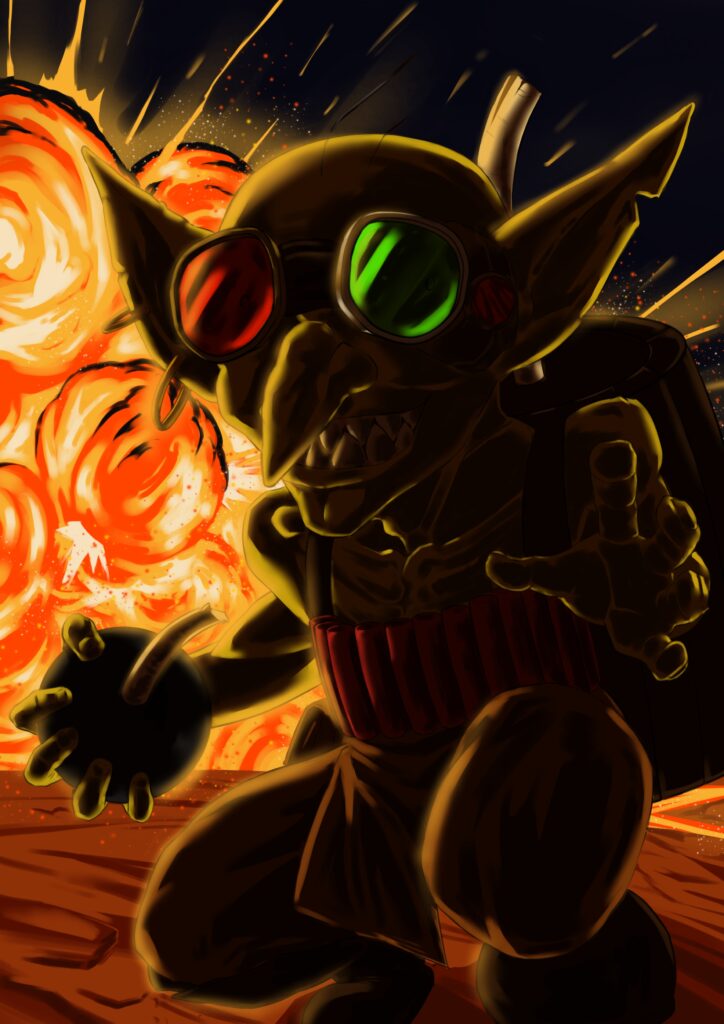Un goblin artificiere circondato da esplosioni