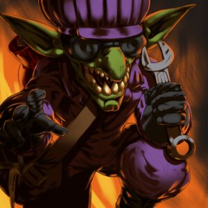 Un goblin inventore con occhiali e chiave inglese
