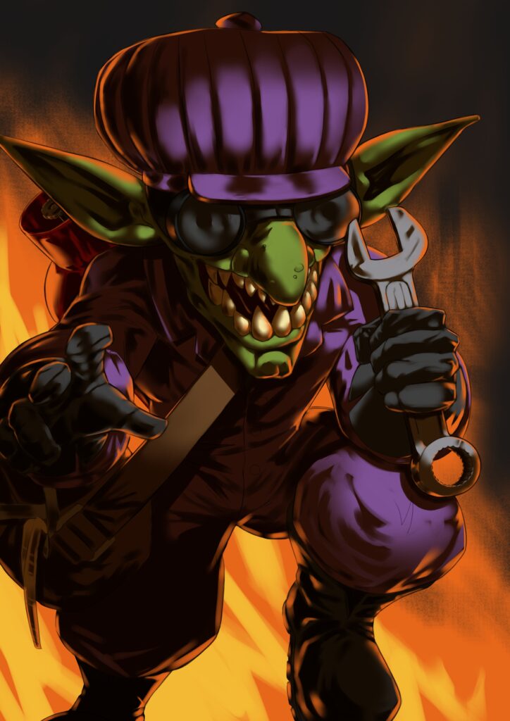 Un goblin inventore con occhiali e chiave inglese